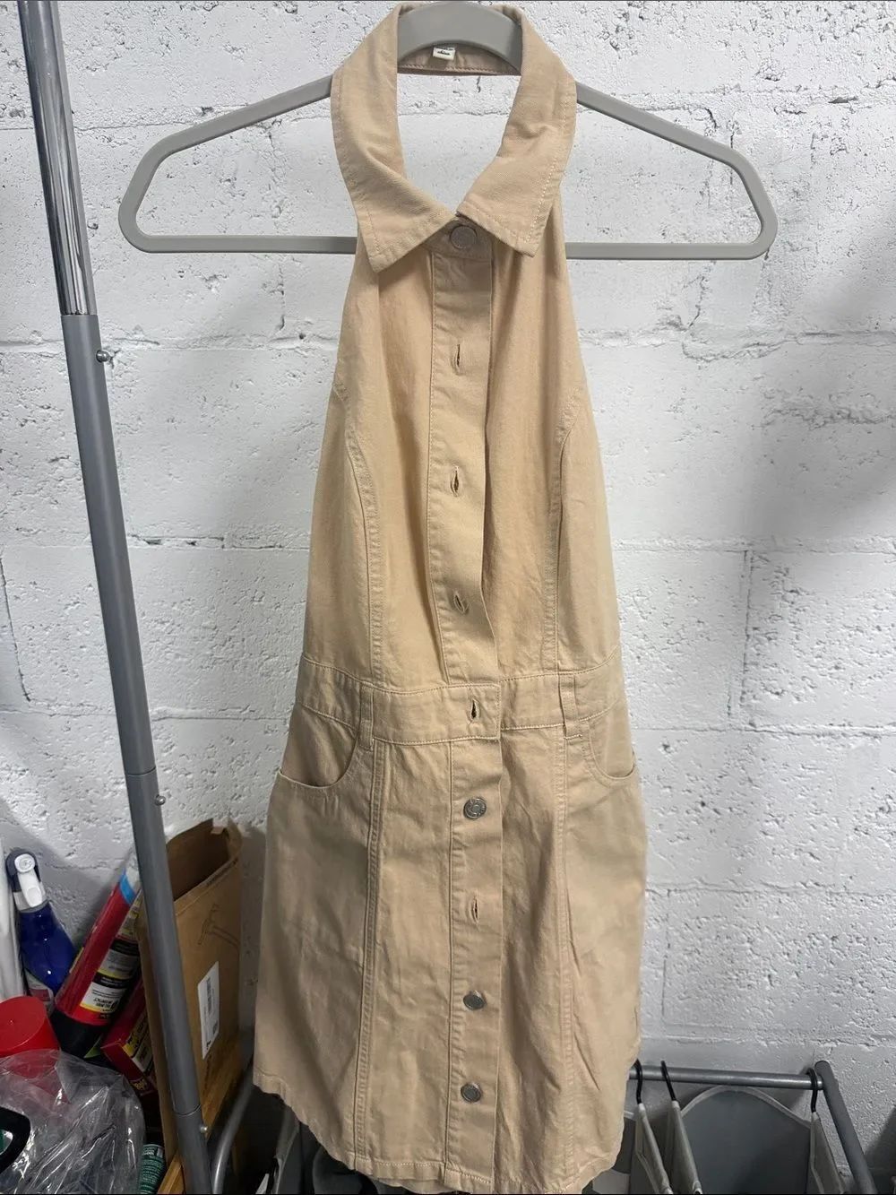 SIGNATURE8 Tan Denim Button Down Halter Dress - Pockets LIKE NEW - Size Small